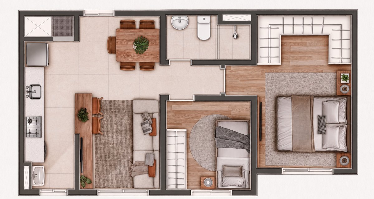 Planta humanizada do apartamento 2 dormitórios — unidade de meio do Open Albano