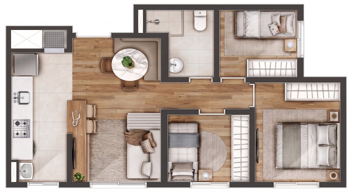 Planta humanizada do apartamento 3 dormitórios do Open Albano